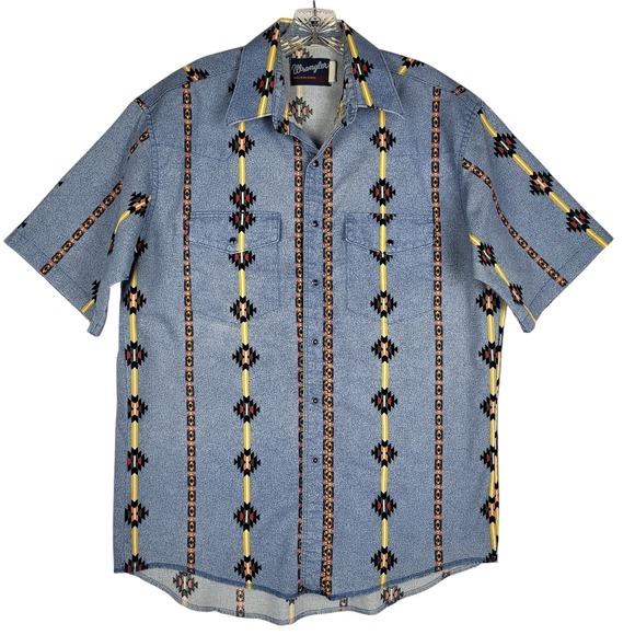 Vintage Wrangler Brushpopper Pearl Snap Shirt Blue Aztec Navajo Western 80s 90s